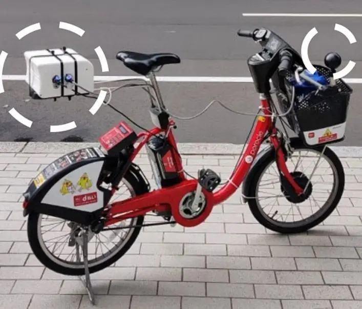 Bicycle equipped with Kunak Air Mobile air monitoring station and wet bulb temperature probe.