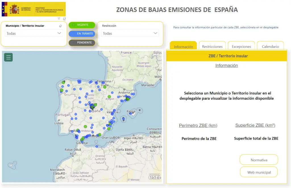 La carte interactive des zones à faibles émissions (ZFE) en Espagne, élaborée par le MITECO, permet de consulter les informations spécifiques à chaque ZBE.