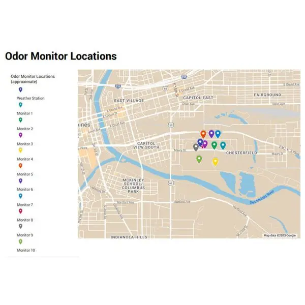 Red de control de la contaminación por malos olores en Des Moines, Iowa