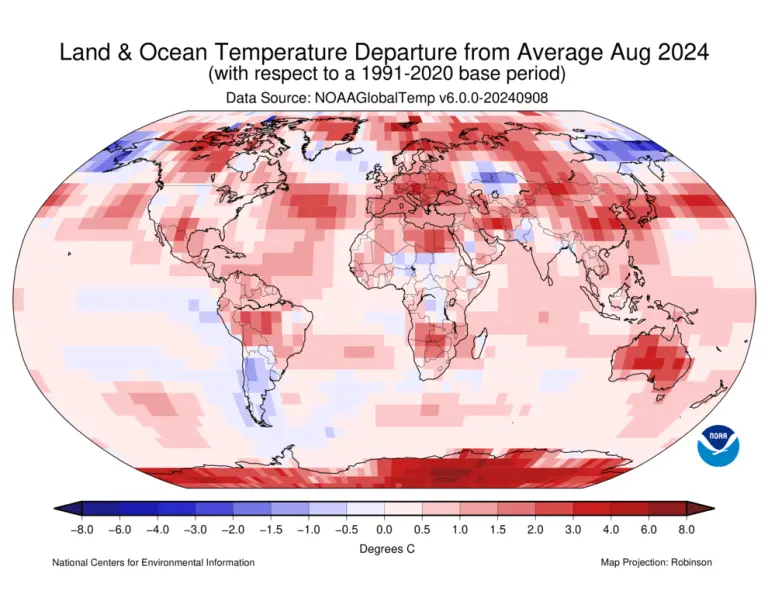 Land and Ocean Temperature Departure from Average August 2024 NOAA GlobalTemp v6.0.0-20240908 - Kunak