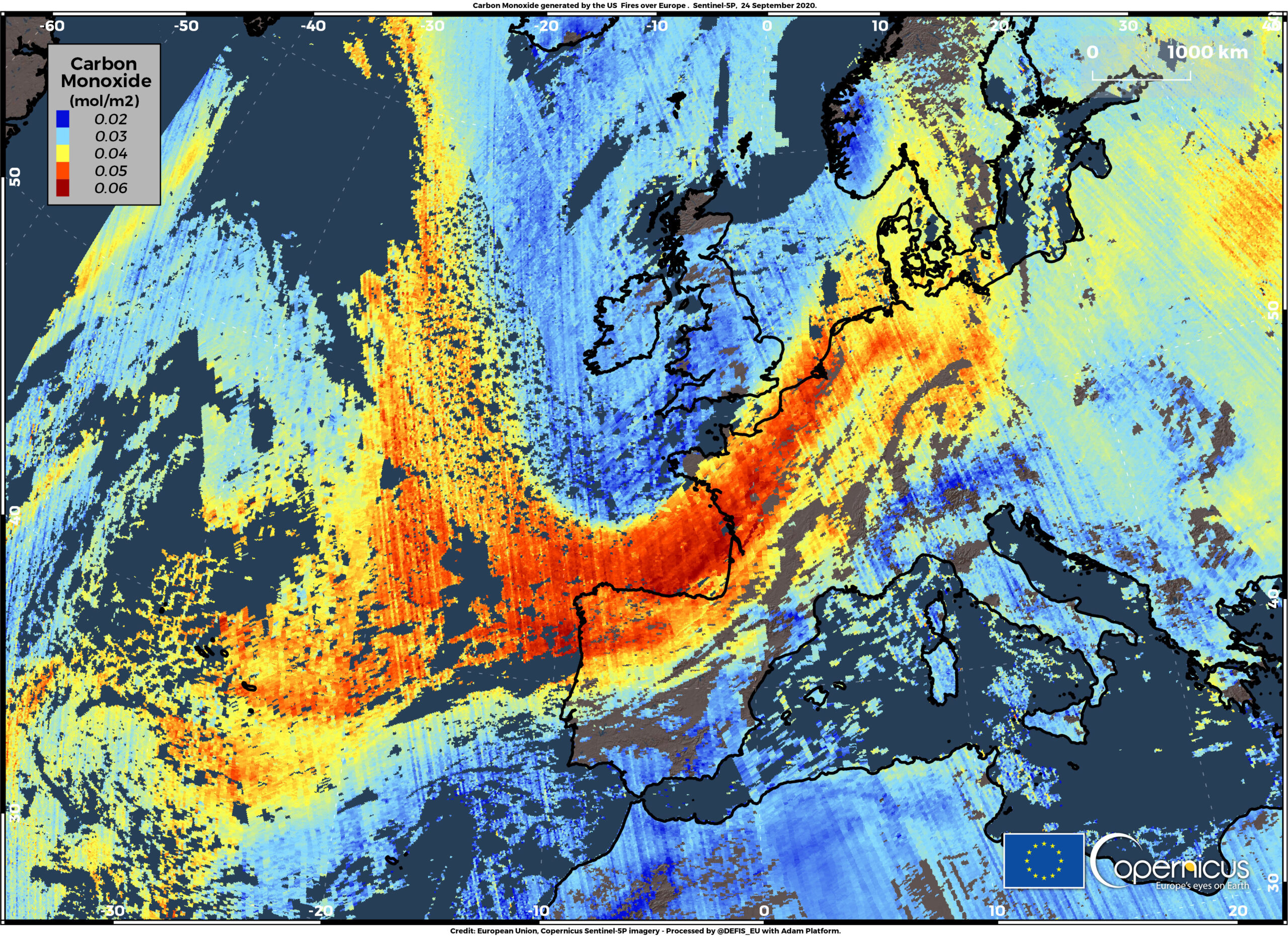 Emisión de monóxido de carbono de los incendios forestales en la Costa Oeste de EE. UU que alcanzan Europa - crédito imagen European Union, Copernicus Sentinel-5P imagery