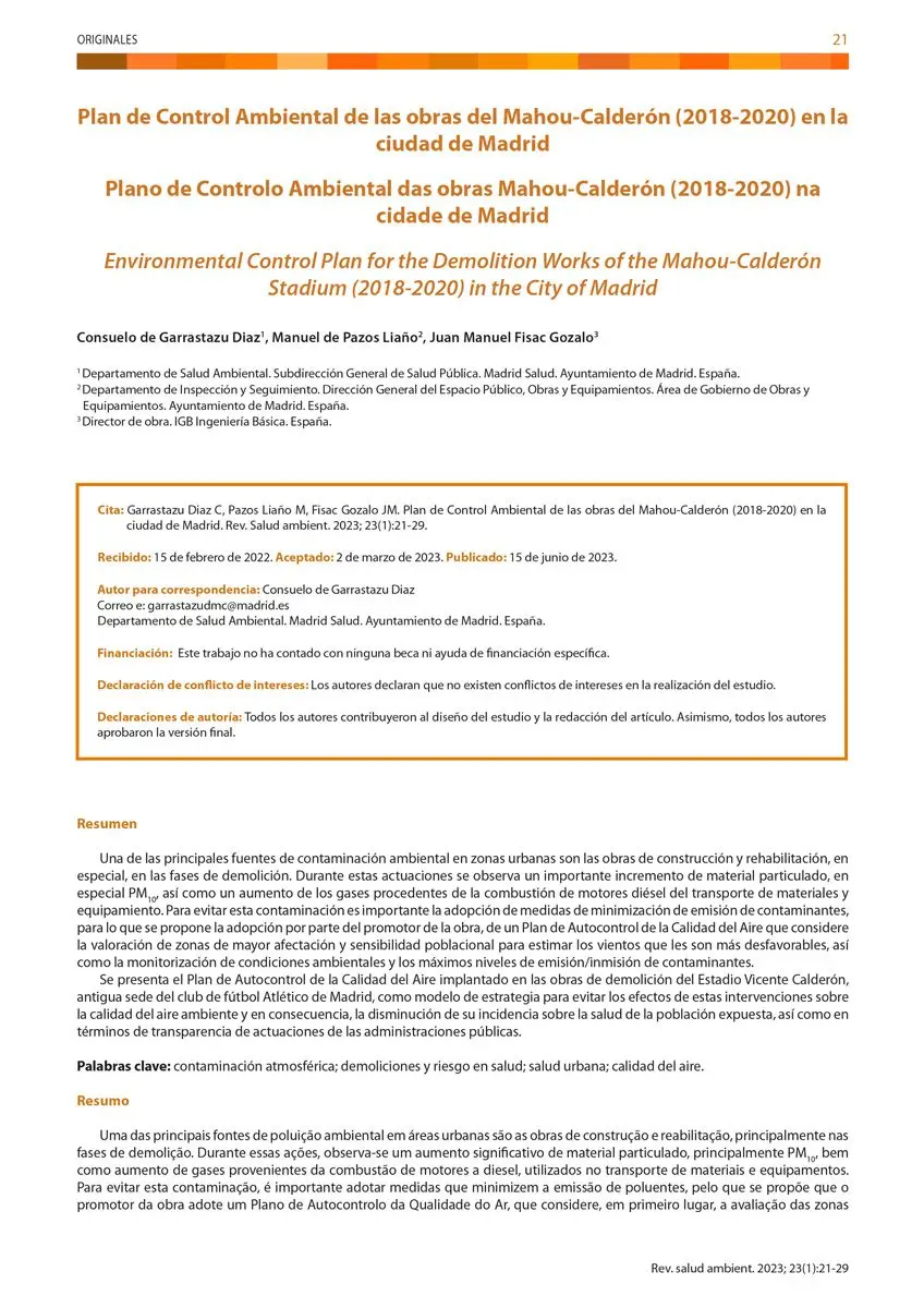 Plan de Control Ambiental de las obras del Mahou-Calderón (2018-2020) en la ciudad de Madrid