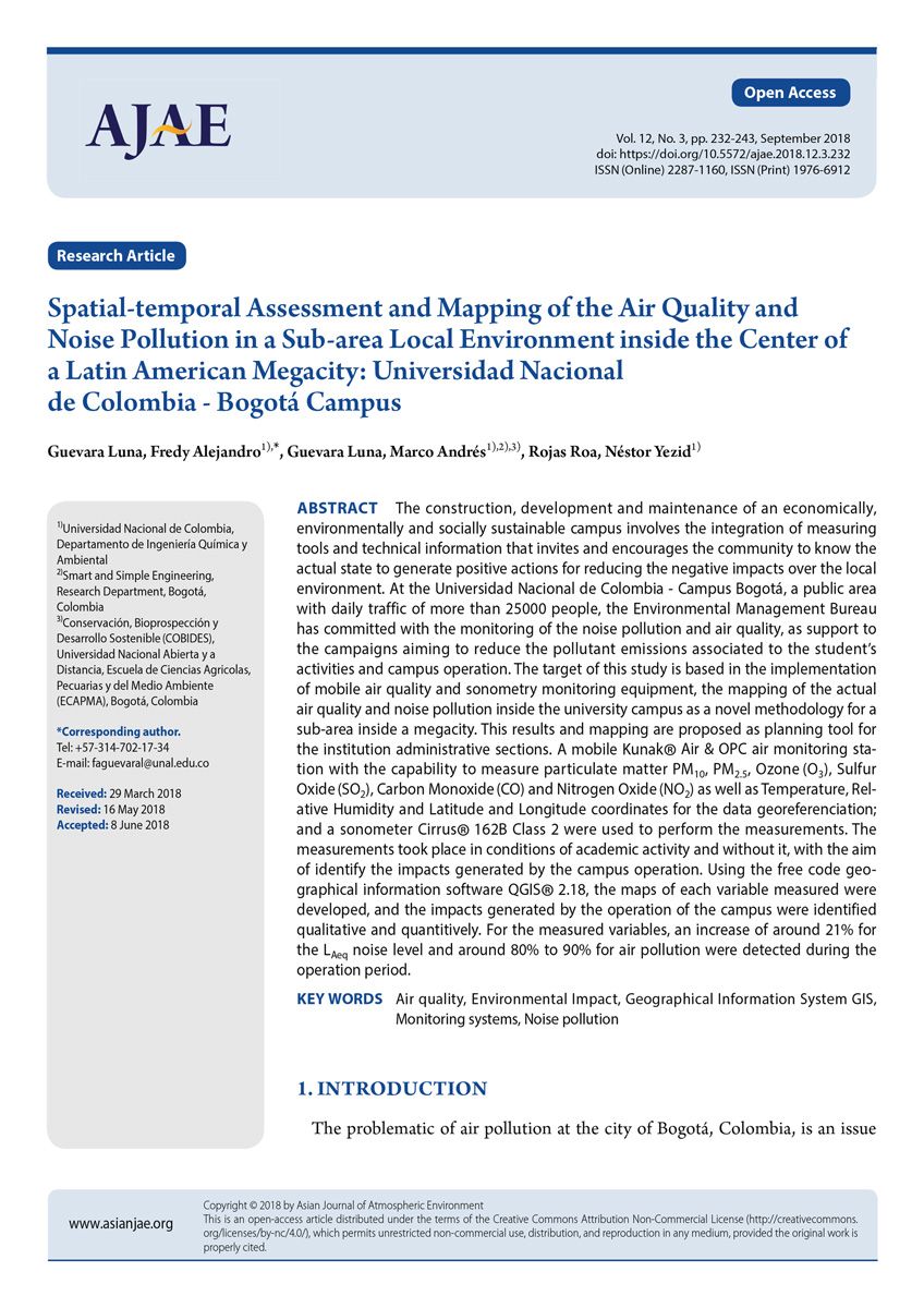 Spatial-temporal-Assessment-and-Mapping-of-the-Air-Quality-and-Noise-Pollution-in-a-Sub-area-Local-Environment-inside-the-Center-of-a-Latin-American-Megacity Spatial-temporal Assessment and Mapping of the Air Quality and Noise Pollution in a Sub-area Local Environment inside the Center of a Latin American Megacity: Universidad Nacional de Colombia - Bogotá Campus
