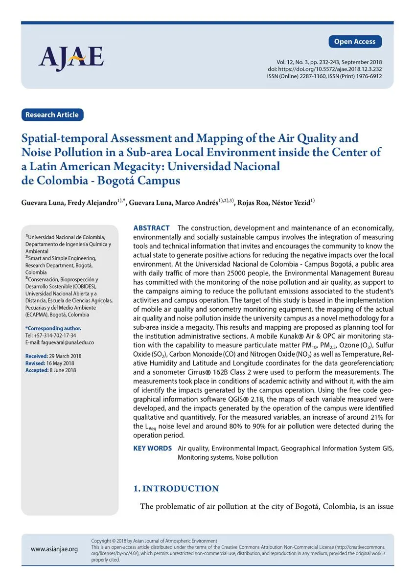 Spatial-temporal-Assessment-and-Mapping-of-the-Air-Quality-and-Noise-Pollution-in-a-Sub-area-Local-Environment-inside-the-Center-of-a-Latin-American-Megacity Spatial-temporal Assessment and Mapping of the Air Quality and Noise Pollution in a Sub-area Local Environment inside the Center of a Latin American Megacity: Universidad Nacional de Colombia - Bogotá Campus