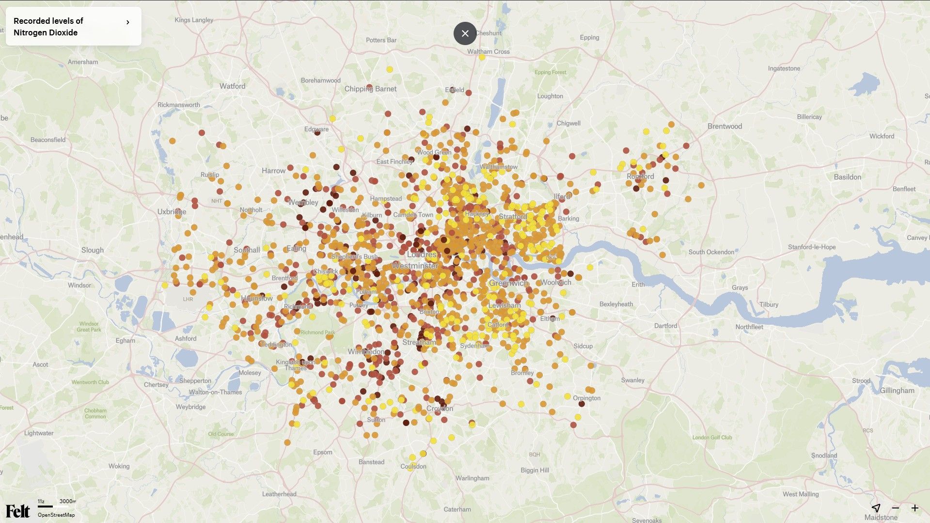 Mapa con la red de sensores de calidad del aire de Londres - Kunak