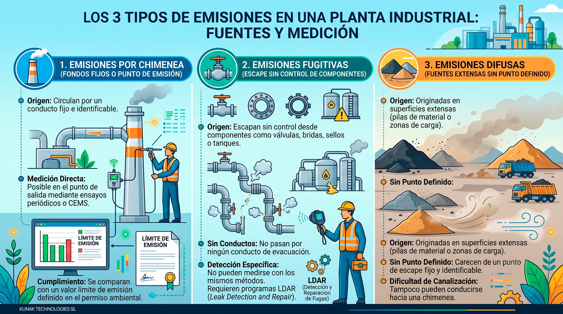 Diferencias entre las emisiones por chimenea, las emisiones fugitivas y las emisiones difusas - Kunak