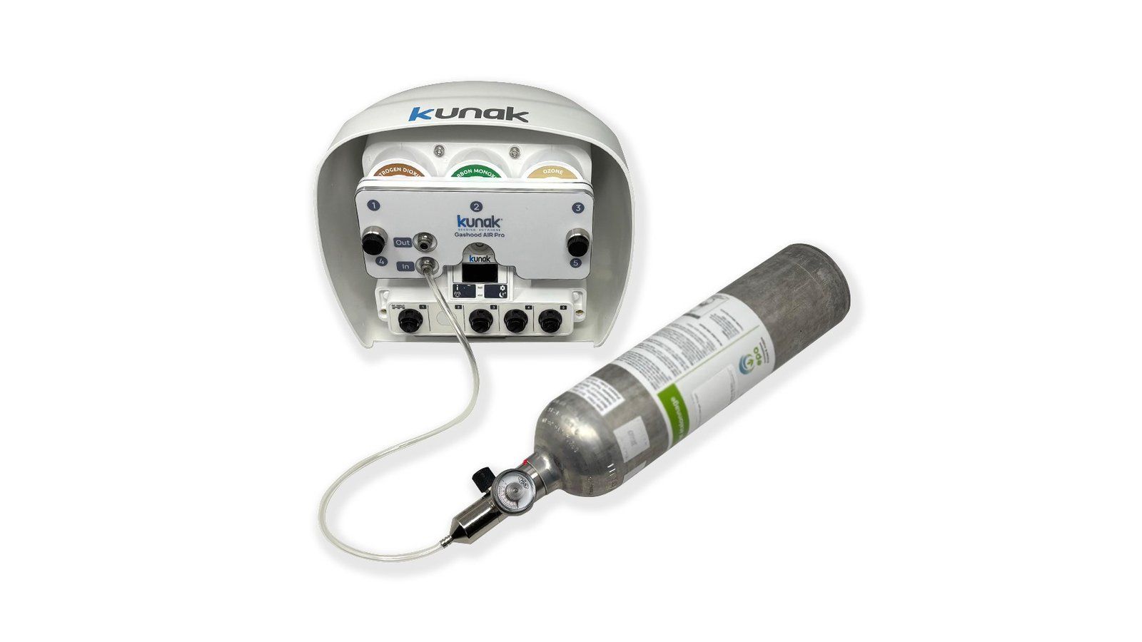 Kunak AIR Pro fitted with a calibration hood connected to a calibration gas cylinder to verify the sensor in the field.